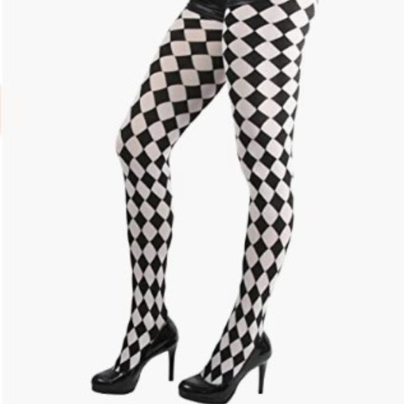 Black White Checkered Harlequinn Tights Opaque Full Footed Pantyhose - Picture 6 of 6